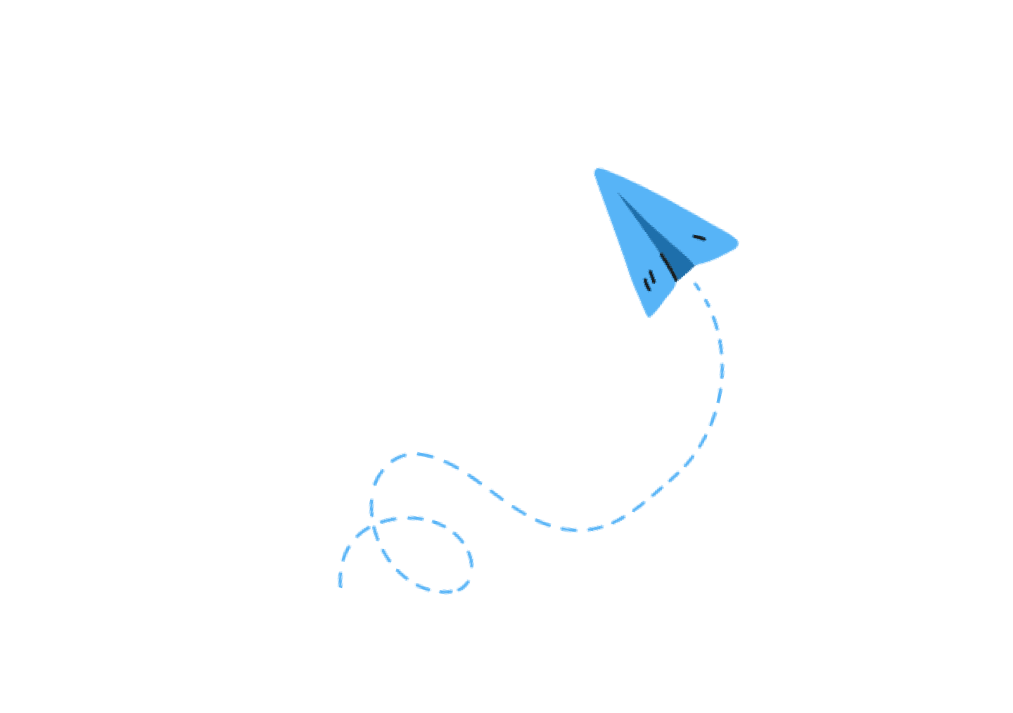 Blue paper airplane icon with a dotted flight path, symbolizing fun and adventure.